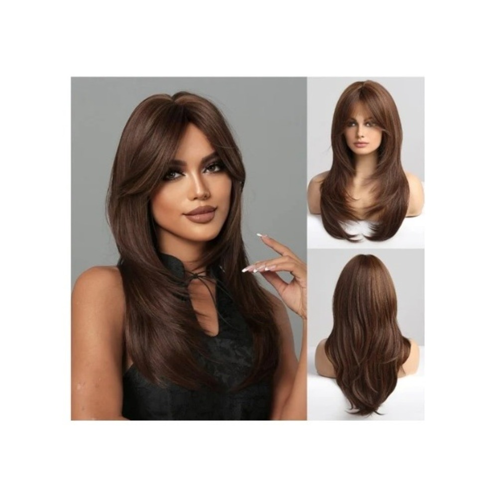 HAIRCUBE Brown Wig Long Layered Bangs Heat Resistant Synthetic 24in Honey Brown